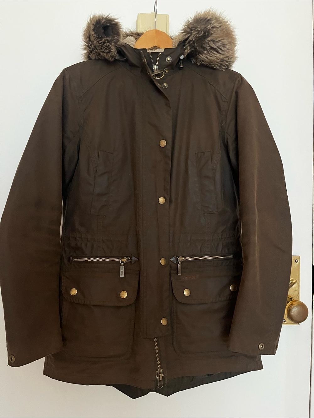 Barbour olive brown waxed cotton parka with removable faux fur hood trim